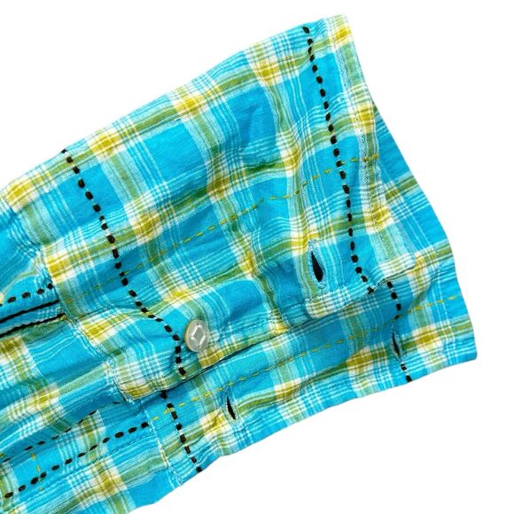 DDC Lab Button Down Shirt Mens Medium Internal Pocket Plaid Blue Mustard White - Picture 8 of 13